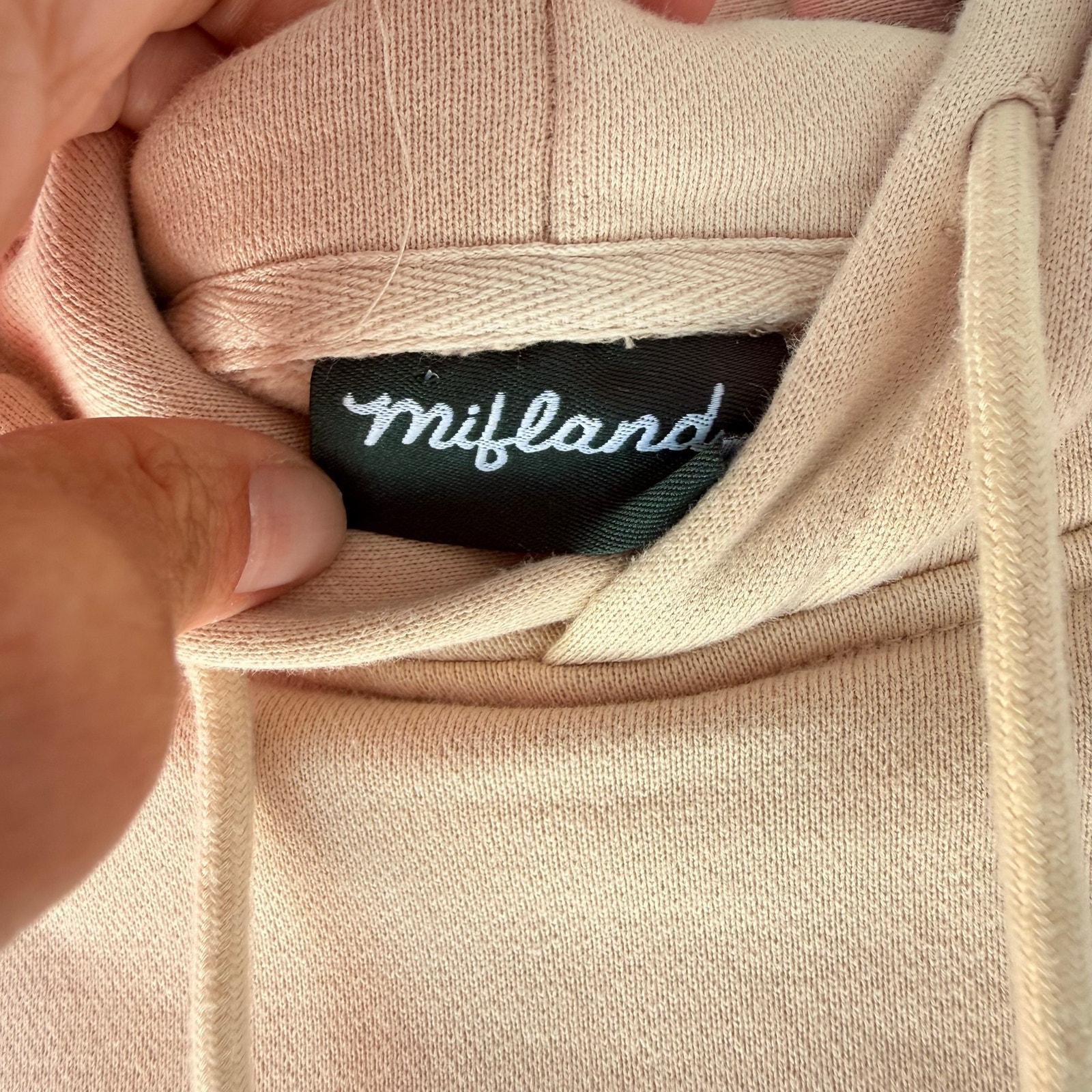 Mifland Hoodie Small Tan Beige Script Logo Colorful Graphic Back 100% Cotton — image 4 of 7
